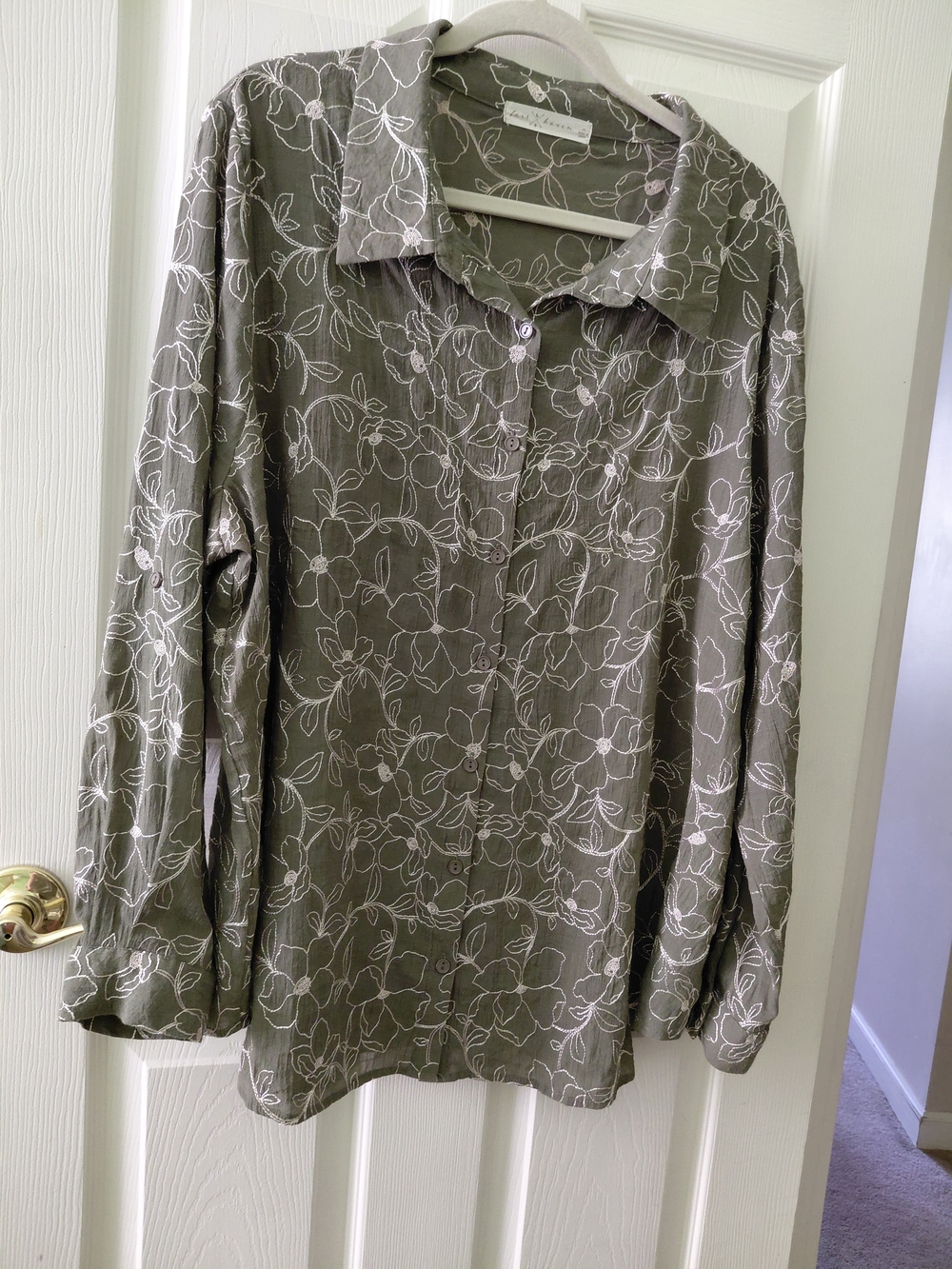 Relaxed Olive Green & White Floral Button-Down Blouse